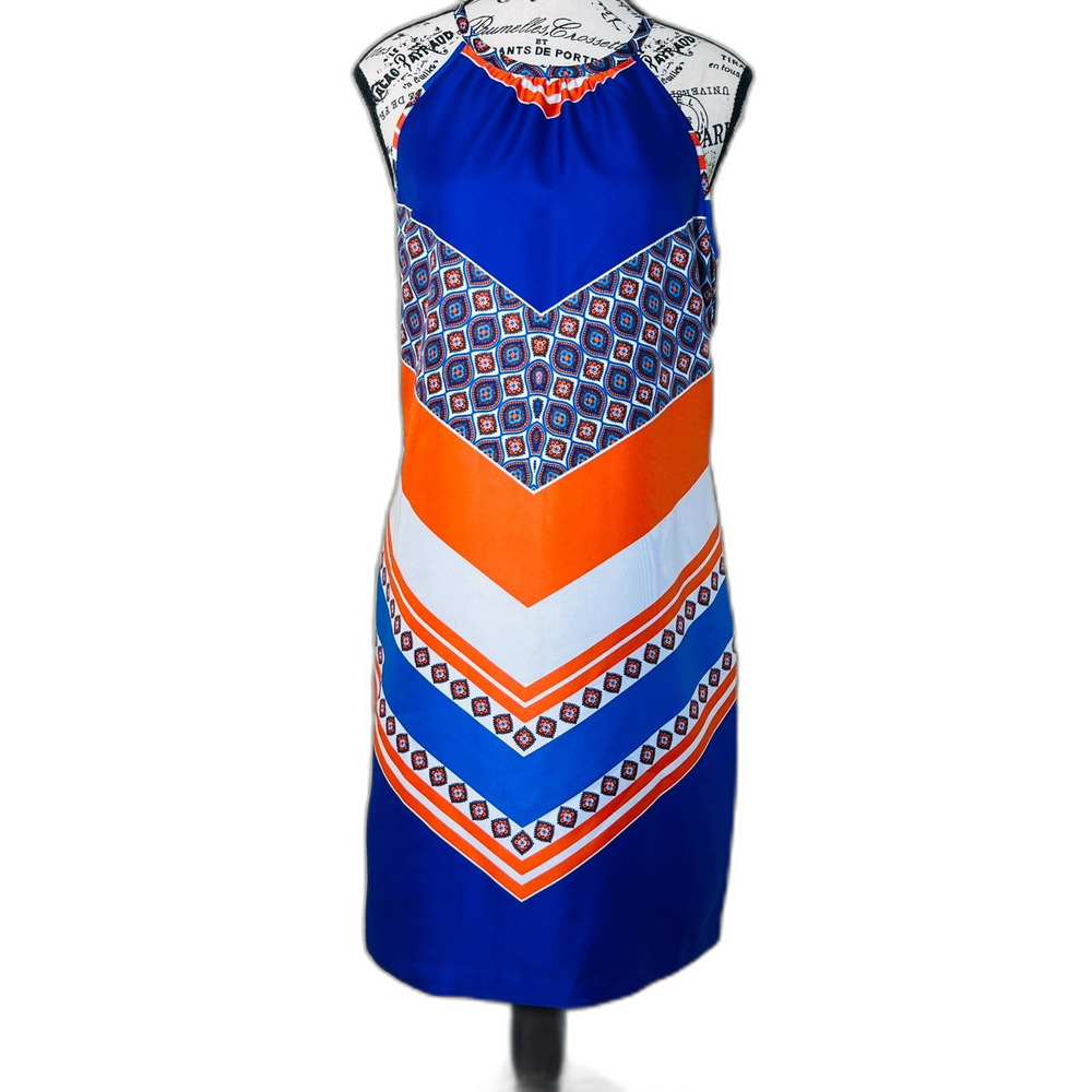 Banana Republic Mod Halter Dress Chevron Blue Orange EUC Size 6 Beach Resort